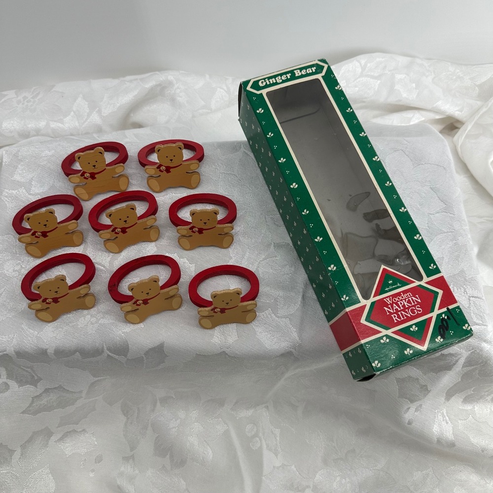 Hallmark Napkin Rings Red Good Ginger Bear Wooden Set of 8 Vintage XNR20-7